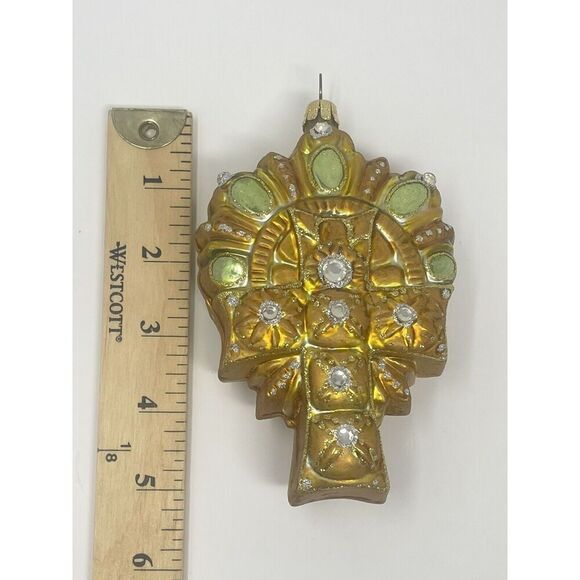 Vintage Czech Glass Christmas Ornament Cross Rhinestones Glitter Large 5” - Picture 2 of 4